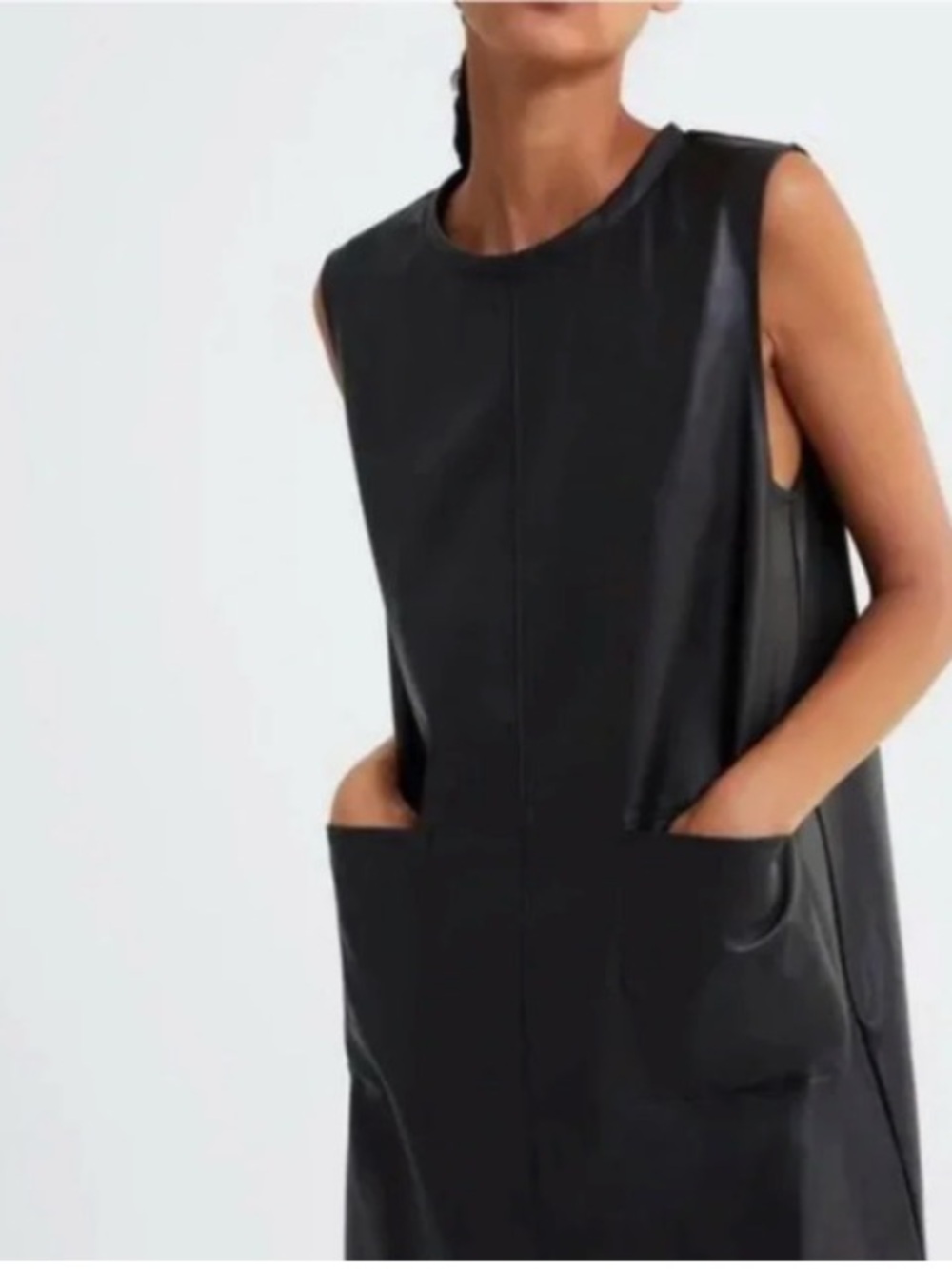Zara Sleeveless Black Faux-Leather Shift Dress with Pockets